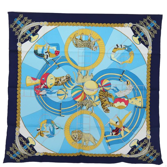 HERMES Carre 90 Scarf ""circus"" Silk Blue Auth fm3437 - Picture 1 of 16